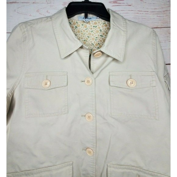 Izod Beige Khaki 5 Cargo Pocket Embroidered Button Up Women Medium Shirt Jacket  - Picture 5 of 12
